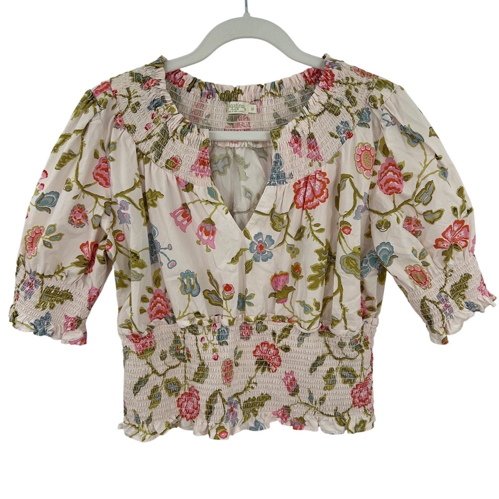 Spartina 449 Womens Floral Smocked Cropped Cotton Blouse Top Sz M Feminine